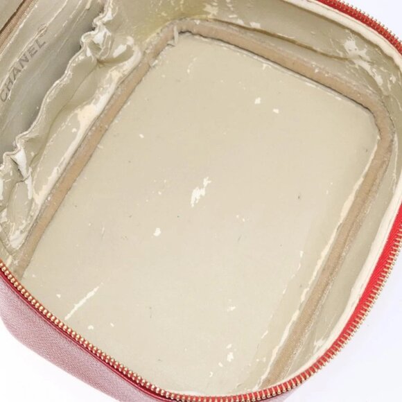 CHANEL Vanity COCO Mark Cosmetic Pouch Grained Calf Skin Red Gold CC Auth 141426 - Picture 14 of 16